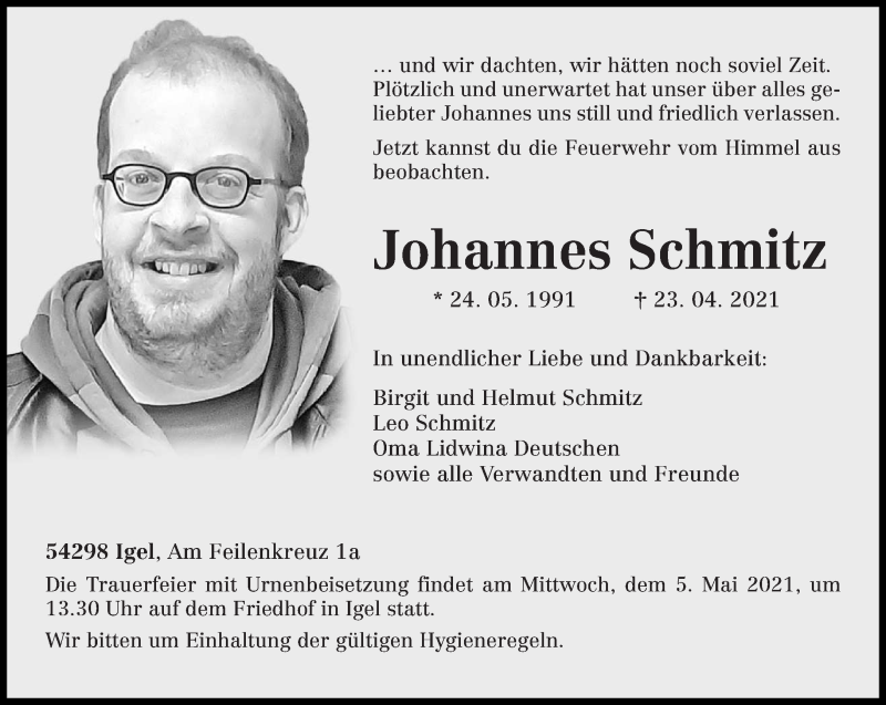  Traueranzeige für Johannes Schmitz vom 03.05.2021 aus trierischer_volksfreund