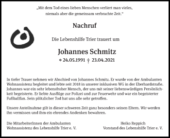 Traueranzeige von Johannes Schmitz von trierischer_volksfreund