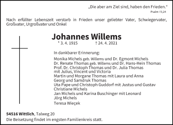 Traueranzeige von Johannes Willems von trierischer_volksfreund