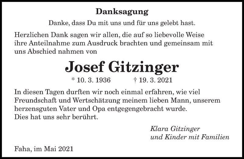  Traueranzeige für Josef Gitzinger vom 07.05.2021 aus trierischer_volksfreund