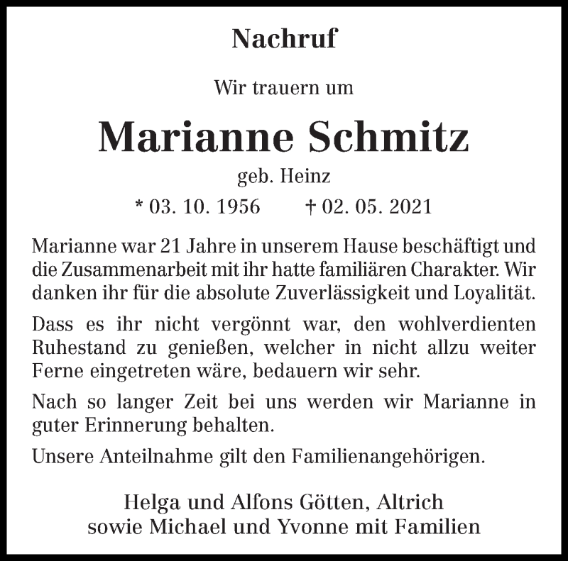  Traueranzeige für Marianne Schmitz vom 08.05.2021 aus trierischer_volksfreund