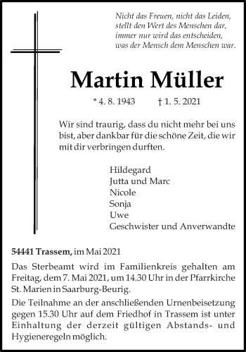 Traueranzeige von Martin Müller von trierischer_volksfreund