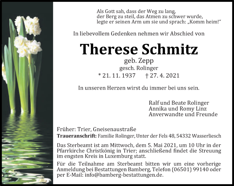  Traueranzeige für Therese Schmitz vom 30.04.2021 aus trierischer_volksfreund