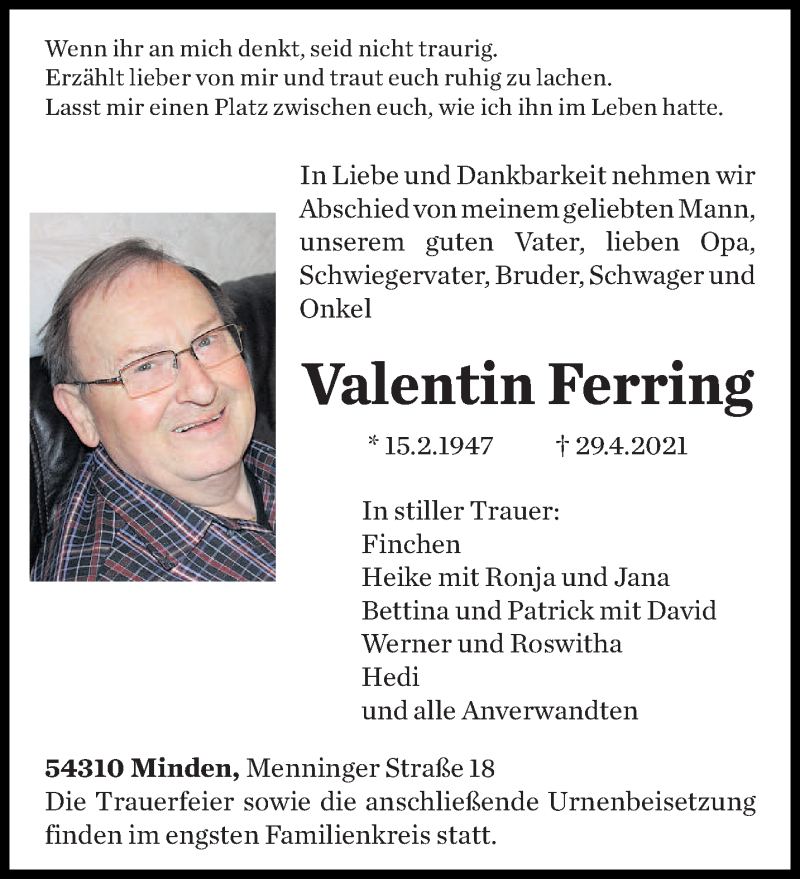  Traueranzeige für Valentin Ferring vom 03.05.2021 aus trierischer_volksfreund