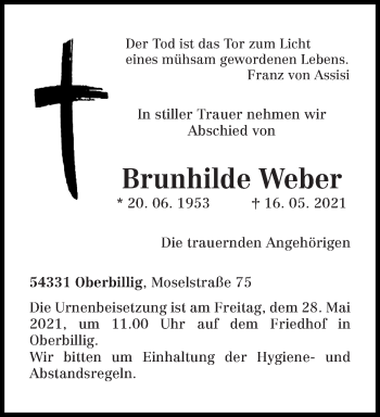 Traueranzeige von Brunhilde Weber von trierischer_volksfreund