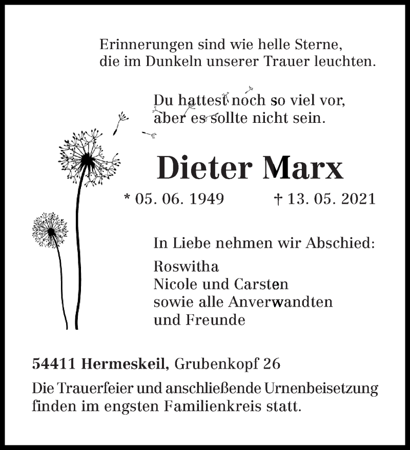  Traueranzeige für Dieter Marx vom 15.05.2021 aus trierischer_volksfreund