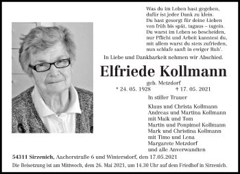 Traueranzeige von Elfriede Kollmann von trierischer_volksfreund