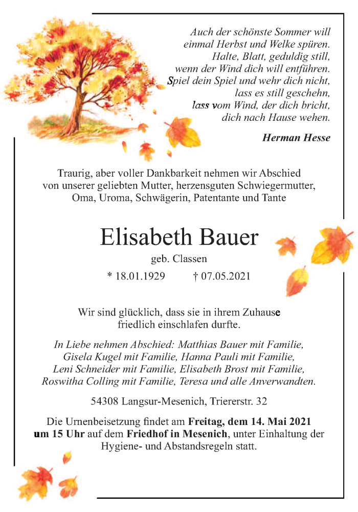  Traueranzeige für Elisabeth Bauer vom 12.05.2021 aus trierischer_volksfreund