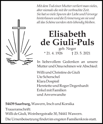 Traueranzeige von Elisabeth de Giulia-Puls von trierischer_volksfreund