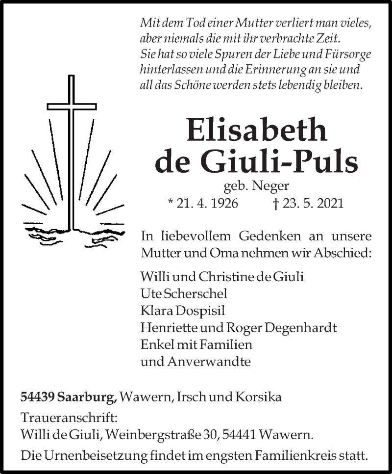  Traueranzeige für Elisabeth de Giulia-Puls vom 28.05.2021 aus trierischer_volksfreund