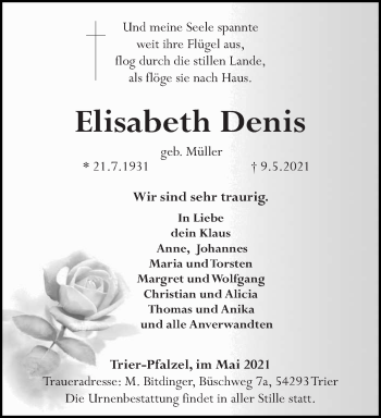 Traueranzeige von Elisabeth Denis von trierischer_volksfreund