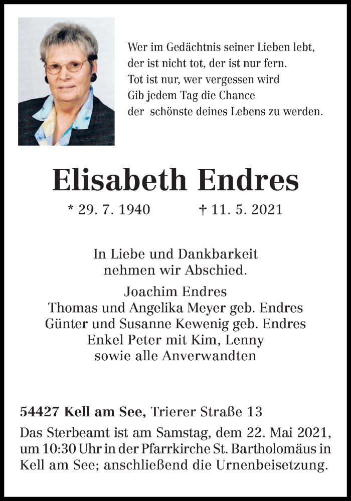  Traueranzeige für Elisabeth Endres vom 19.05.2021 aus trierischer_volksfreund