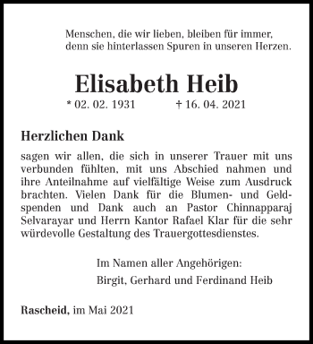 Traueranzeige von Elisabeth Heib von trierischer_volksfreund