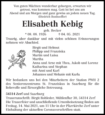Traueranzeige von Elisabeth Kebig von trierischer_volksfreund