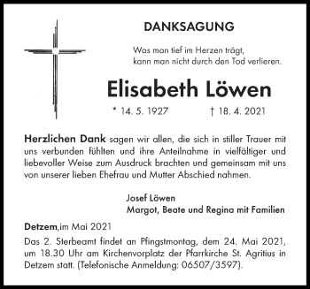 Traueranzeige von Elisabeth Löwen von trierischer_volksfreund