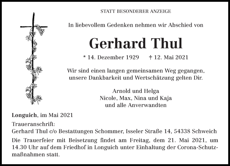  Traueranzeige für Gerhard Thul vom 18.05.2021 aus trierischer_volksfreund