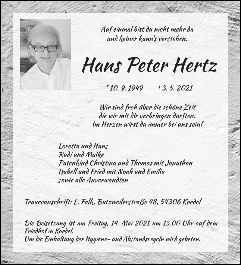  Traueranzeige für Hans Peter Hertz vom 10.05.2021 aus trierischer_volksfreund