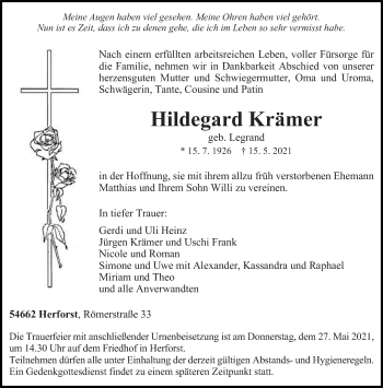 Traueranzeige von Hildegard Krämer von trierischer_volksfreund