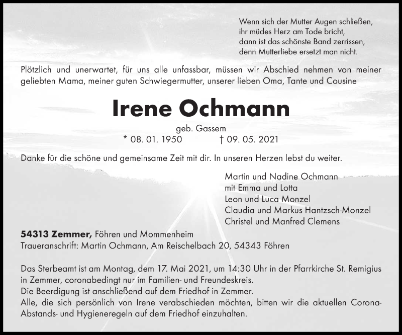  Traueranzeige für Irene Ochmann vom 15.05.2021 aus trierischer_volksfreund