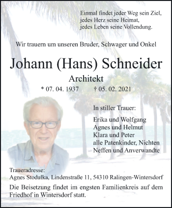 Traueranzeige von Johann Schneider von trierischer_volksfreund