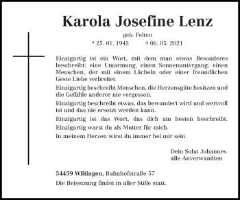 Traueranzeige von Karola Josefine Lenz von trierischer_volksfreund