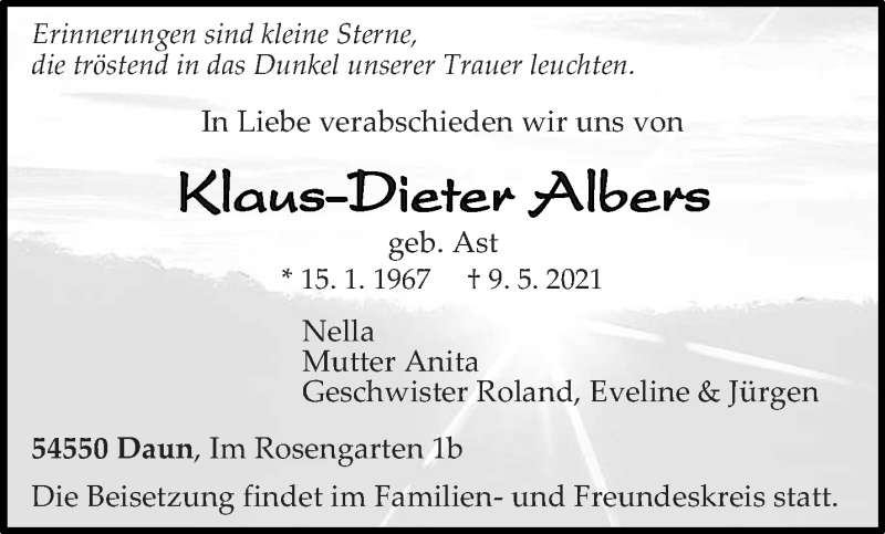  Traueranzeige für Klaus-Dieter Albers vom 15.05.2021 aus trierischer_volksfreund