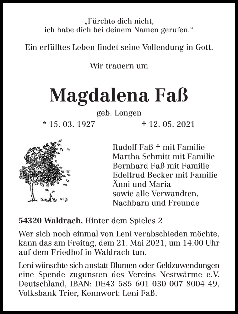  Traueranzeige für Magdalena Faß vom 18.05.2021 aus trierischer_volksfreund