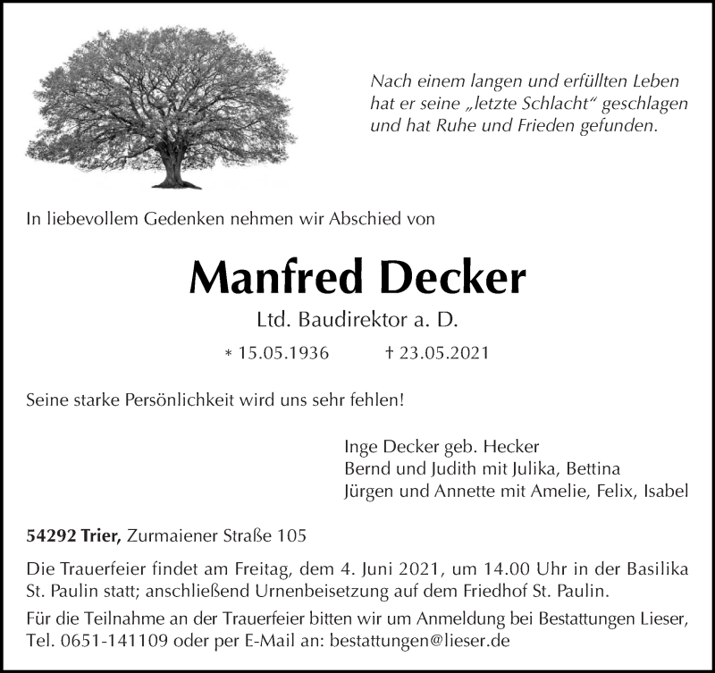  Traueranzeige für Manfred Decker vom 29.05.2021 aus trierischer_volksfreund