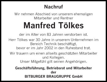 Traueranzeige von Manfred Tölkes von trierischer_volksfreund