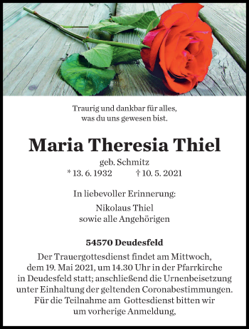 Traueranzeige von Maria Theresia Thiel von trierischer_volksfreund