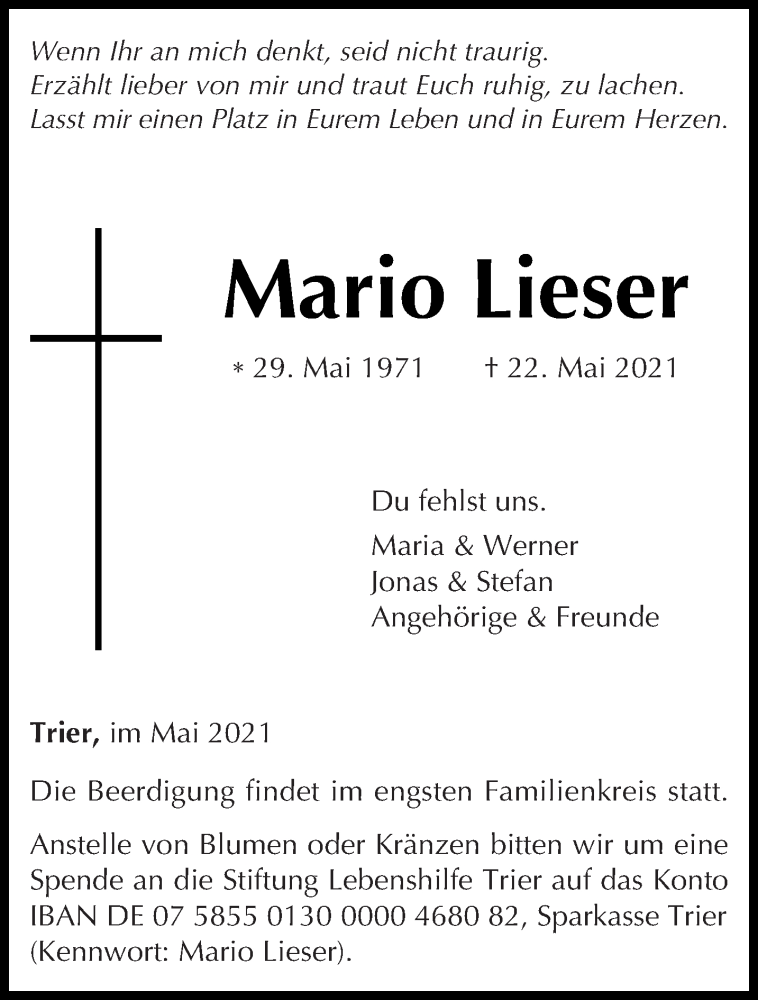  Traueranzeige für Mario Lieser vom 29.05.2021 aus trierischer_volksfreund