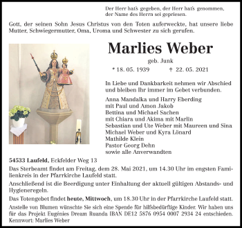 Traueranzeige von Marlies Weber von trierischer_volksfreund