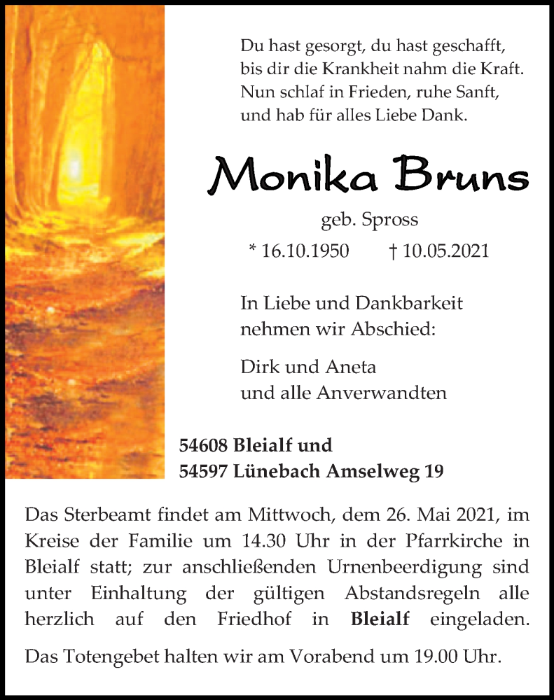  Traueranzeige für Monika Bruns vom 22.05.2021 aus trierischer_volksfreund