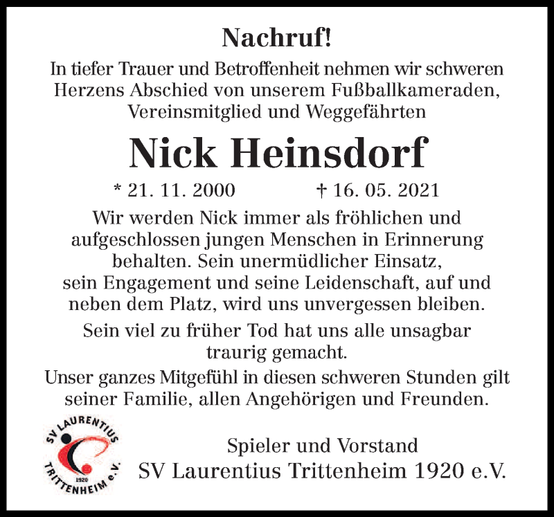  Traueranzeige für Nick Heinsdorf vom 26.05.2021 aus trierischer_volksfreund