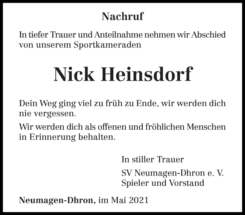  Traueranzeige für Nick Heinsdorf vom 29.05.2021 aus trierischer_volksfreund