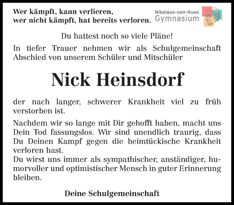  Traueranzeige für Nick Heinsdorf vom 22.05.2021 aus trierischer_volksfreund