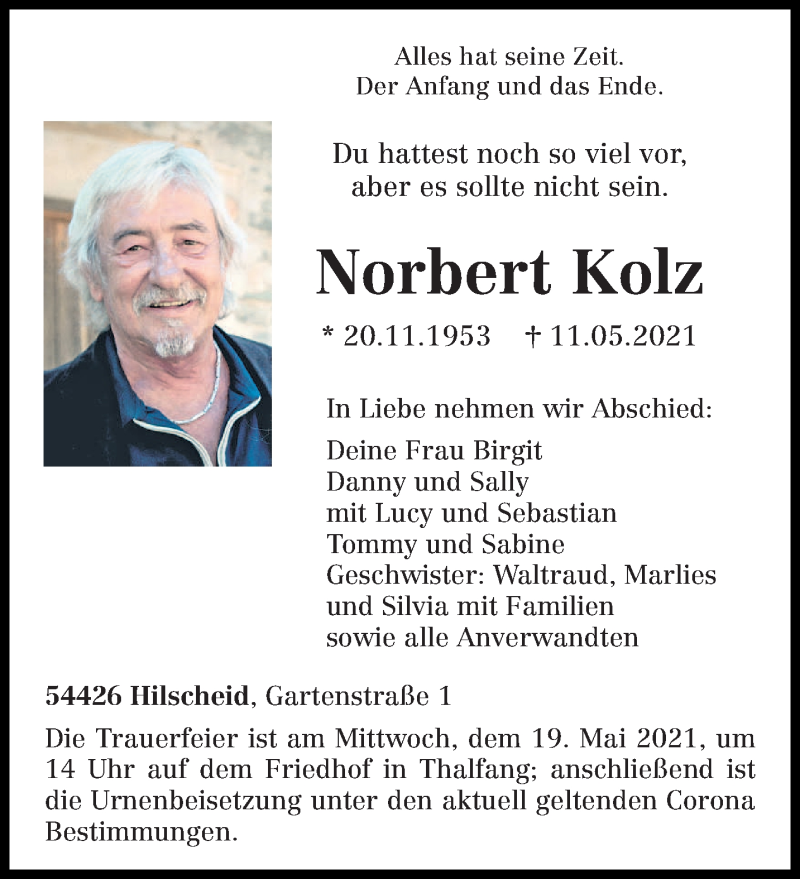  Traueranzeige für Norbert Kolz vom 15.05.2021 aus trierischer_volksfreund