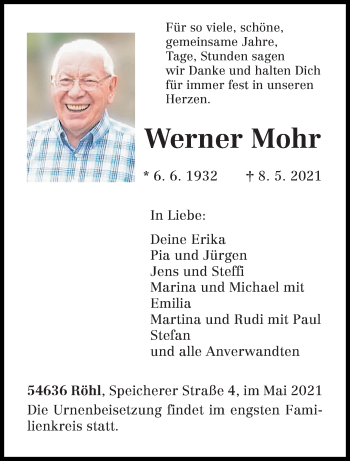 Traueranzeige von Werner Mohr von trierischer_volksfreund