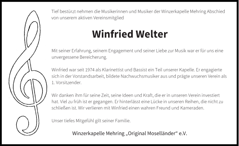  Traueranzeige für Winfried Welter vom 18.05.2021 aus trierischer_volksfreund