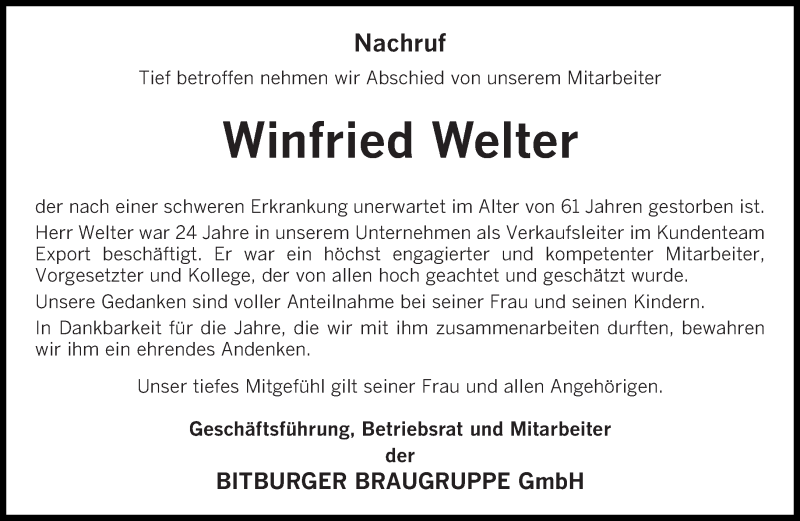  Traueranzeige für Winfried Welter vom 18.05.2021 aus trierischer_volksfreund