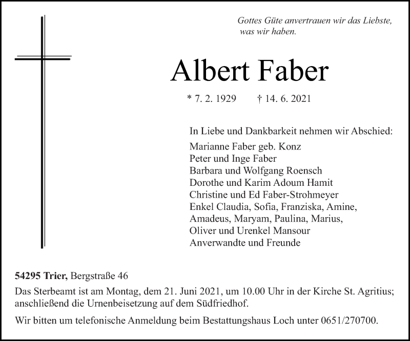  Traueranzeige für Albert Faber vom 18.06.2021 aus trierischer_volksfreund