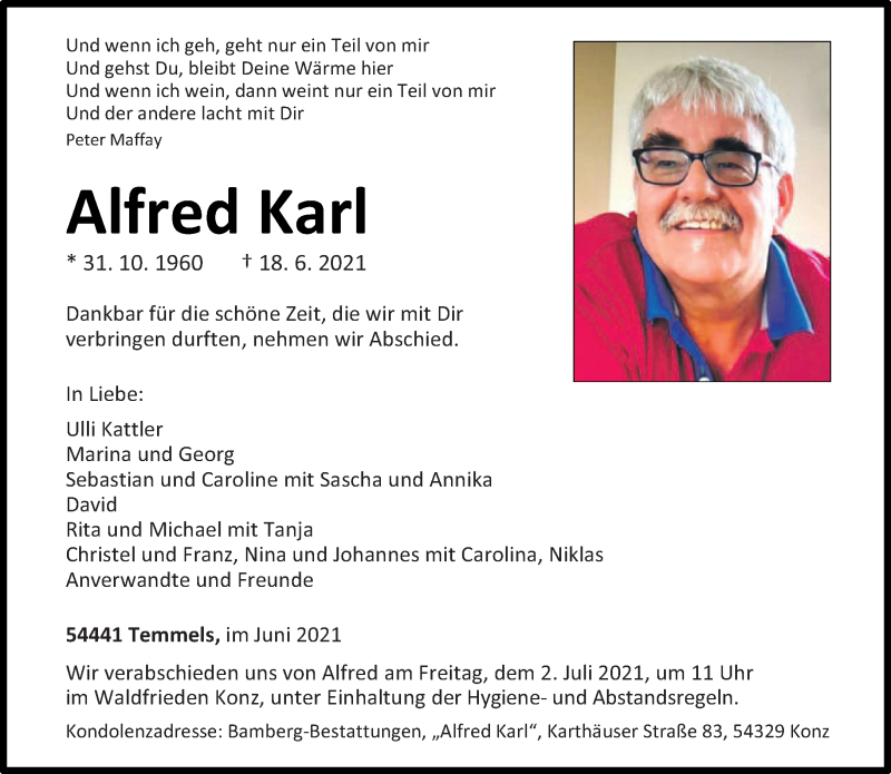  Traueranzeige für Alfred Karl vom 26.06.2021 aus trierischer_volksfreund