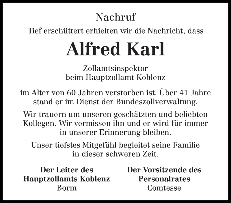  Traueranzeige für Alfred Karl vom 26.06.2021 aus trierischer_volksfreund