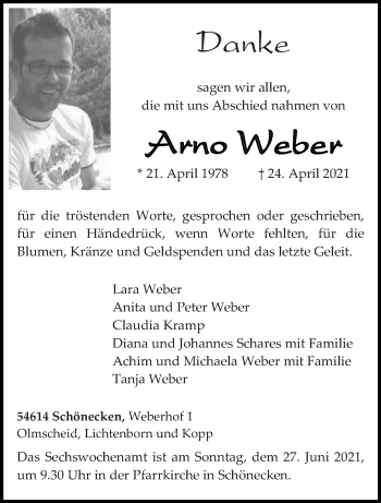 Traueranzeige von Arno Weber von trierischer_volksfreund