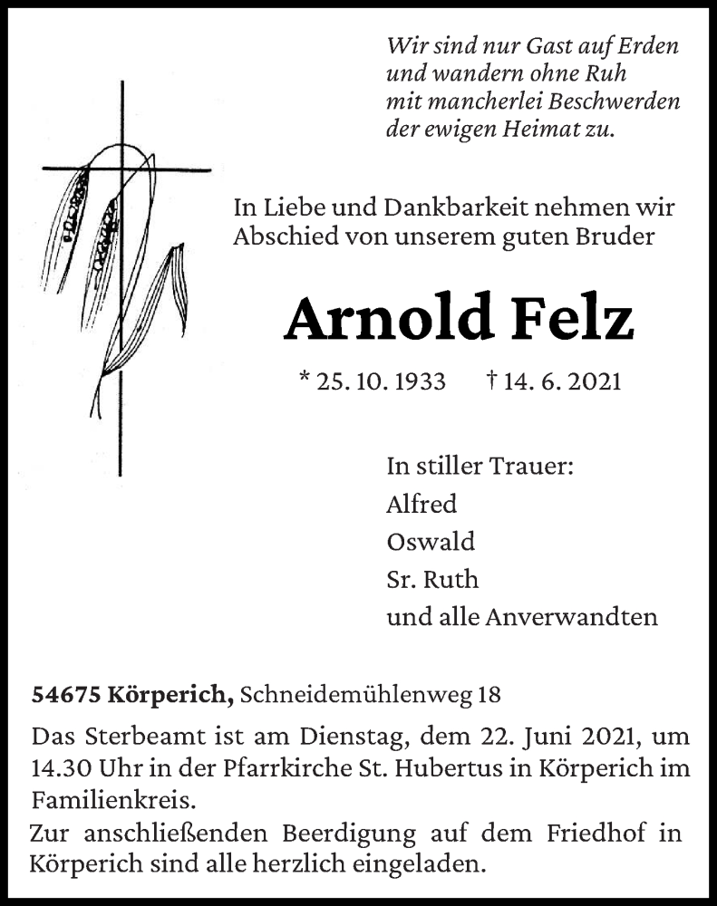  Traueranzeige für Arnold Felz vom 21.06.2021 aus trierischer_volksfreund
