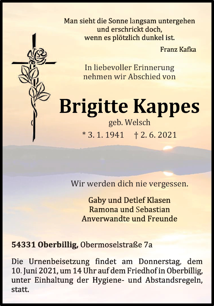  Traueranzeige für Brigitte Kappes vom 05.06.2021 aus trierischer_volksfreund