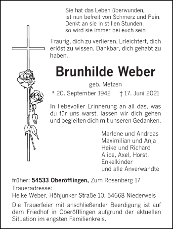 Traueranzeige von Brunhilde Weber von trierischer_volksfreund