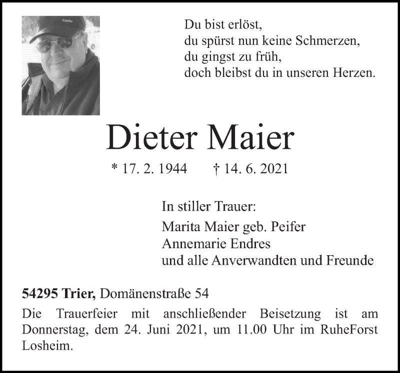  Traueranzeige für Dieter Maier vom 19.06.2021 aus trierischer_volksfreund