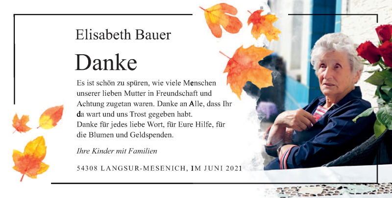 Traueranzeige für Elisabeth Bauer vom 26.06.2021 aus trierischer_volksfreund