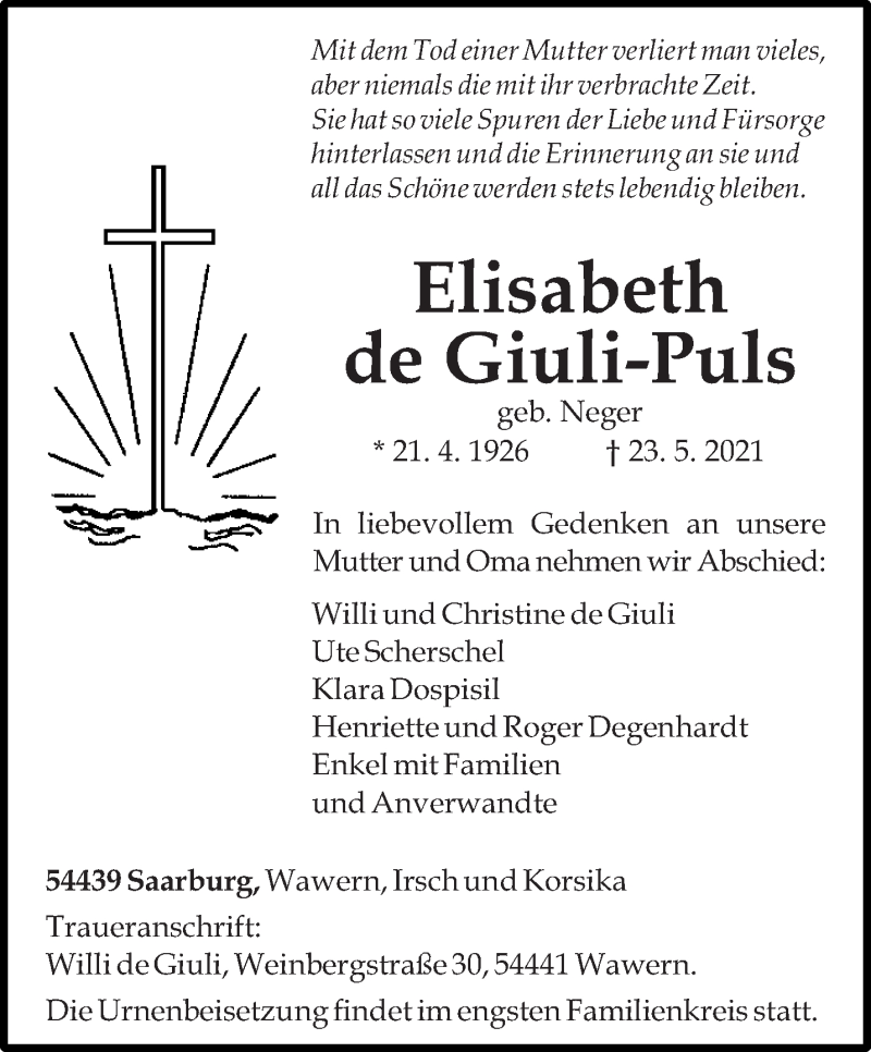  Traueranzeige für Elisabeth de Giuli-Puls vom 31.05.2021 aus trierischer_volksfreund